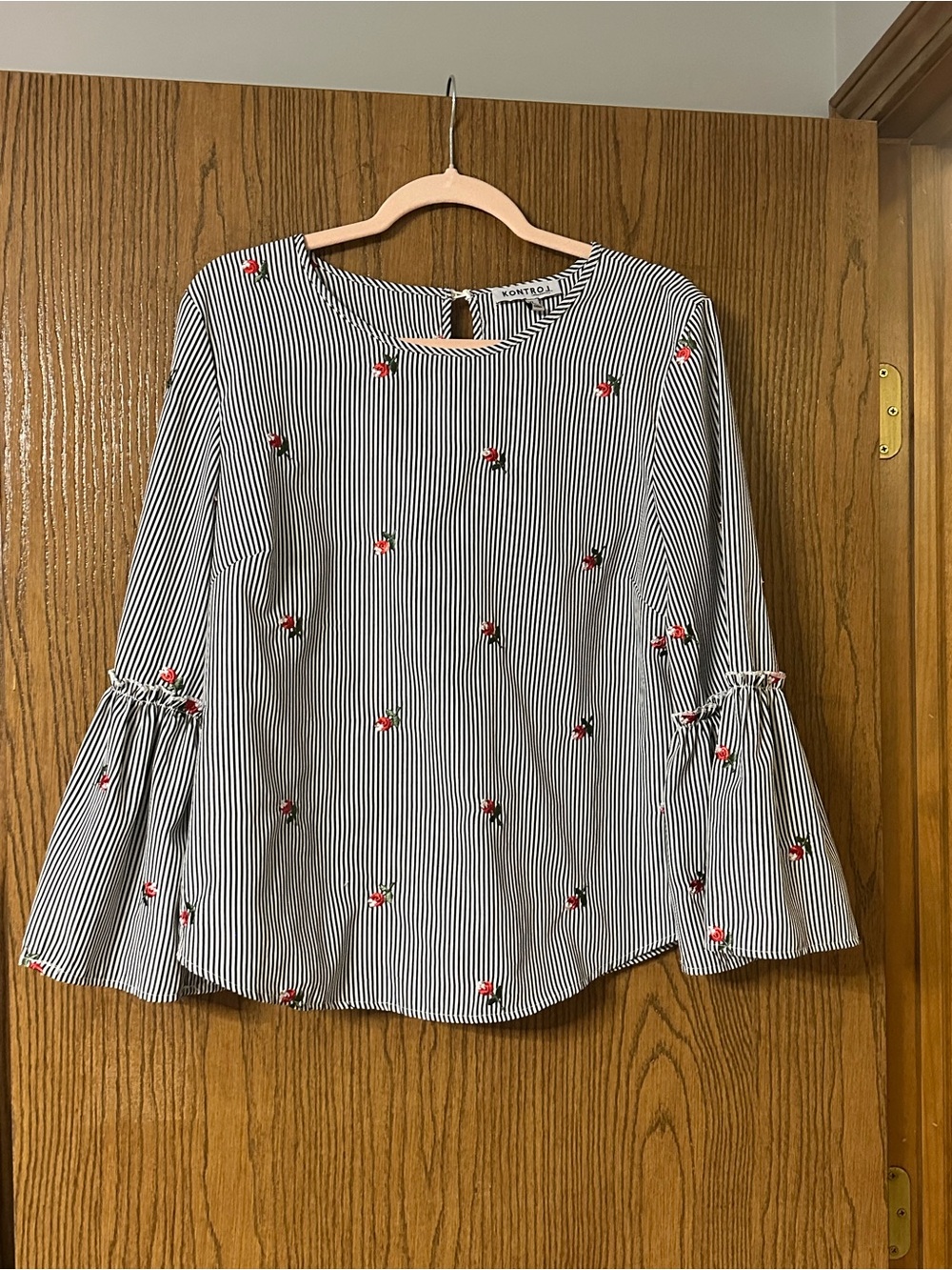 Kontrol Striped Bell-Sleeve Top with Red Floral Embroidery